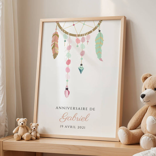 Affiche arbre à empreintes dreamcatcher baptême – attrape-rêves prénom personnalisé