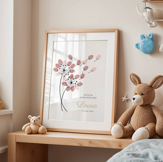 Affiche arbre à empreintes pissenlit baptême – souvenir délicat personnalisé