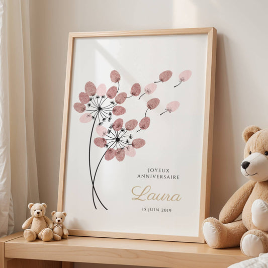 Affiche arbre à empreintes pissenlit baptême – souvenir délicat personnalisé