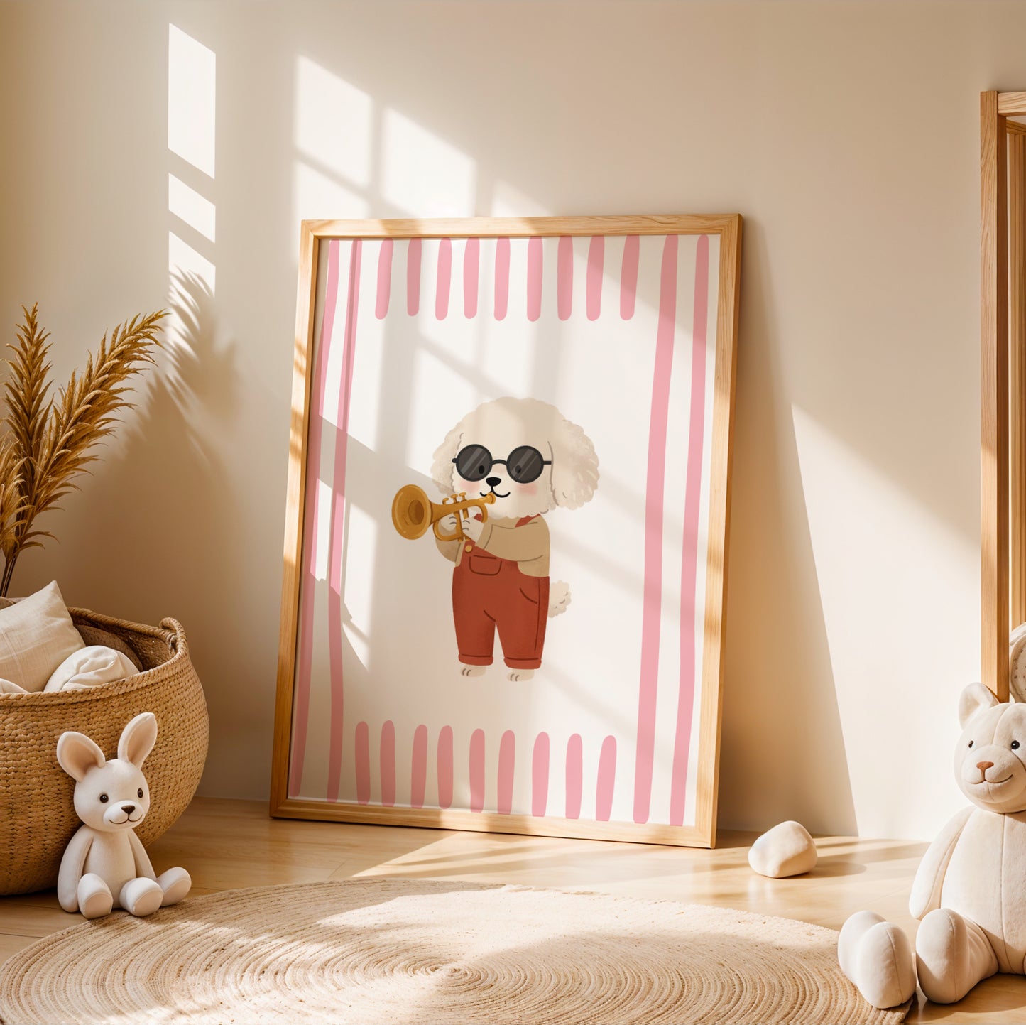Affiche Chien Bichon Trompette - Décoration Chambre Enfant Musique, Poster Animaux Coloré, Tableau Salle de Jeux, Style Dopamine Decor