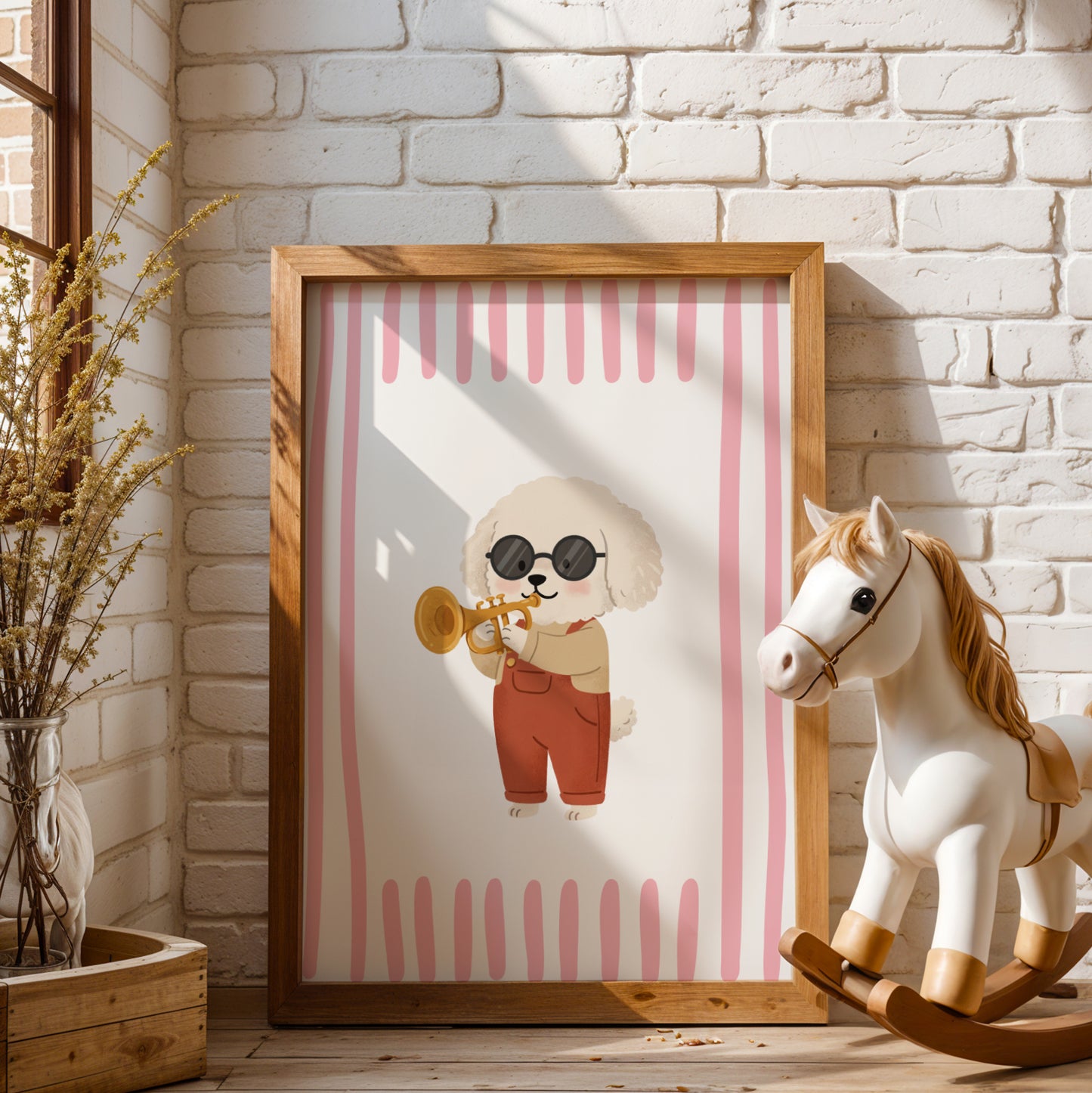 Affiche Chien Bichon Trompette - Décoration Chambre Enfant Musique, Poster Animaux Coloré, Tableau Salle de Jeux, Style Dopamine Decor