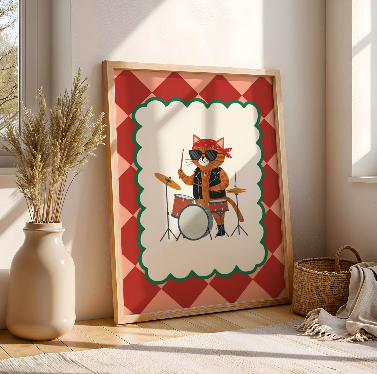 Affiche Chat Rockeur Batterie – Décoration Chambre Enfant Rock, Poster Animaux Musiciens, Idée Cadeau Anniversaire