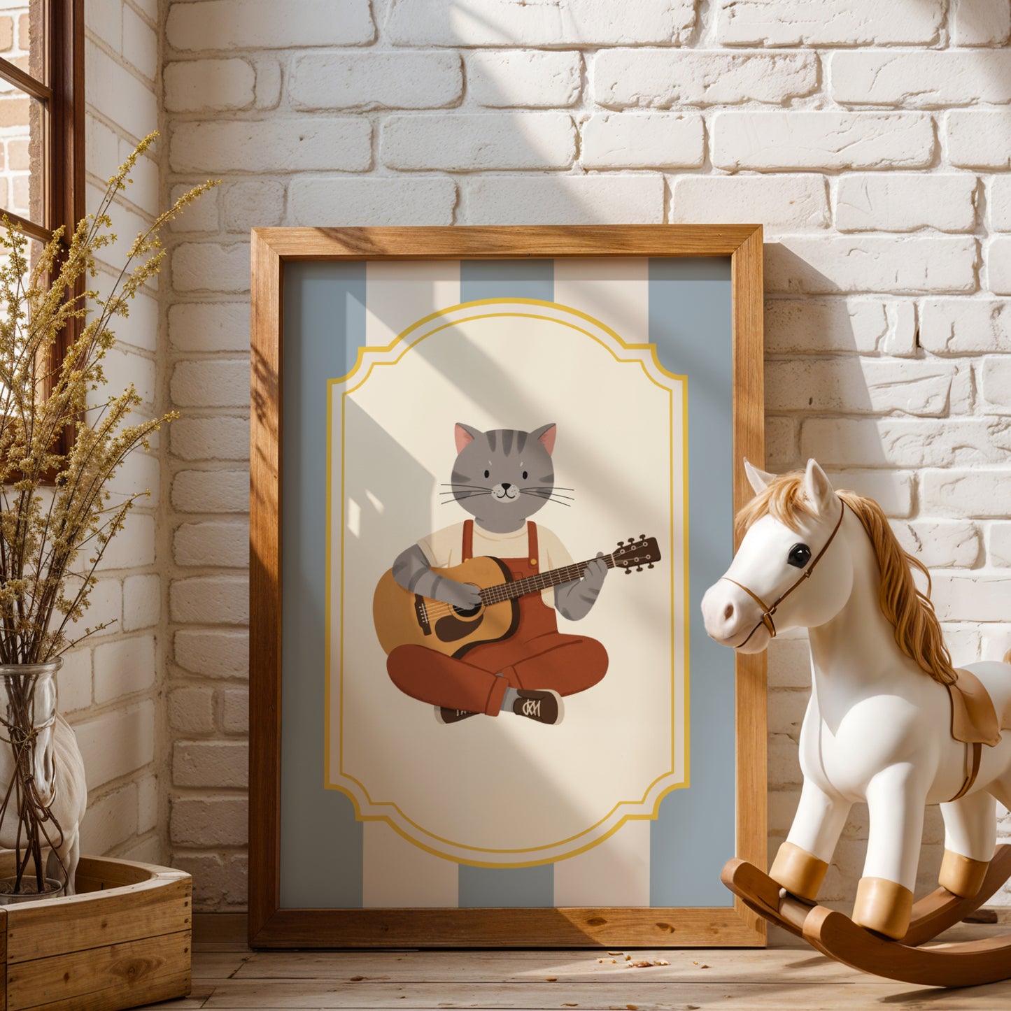 Affiche Chat Guitare Acoustique - Décoration Chambre Enfant Musique Folk, Poster Animaux Coloré, Tableau Bébé, Cadeau Naissance Original