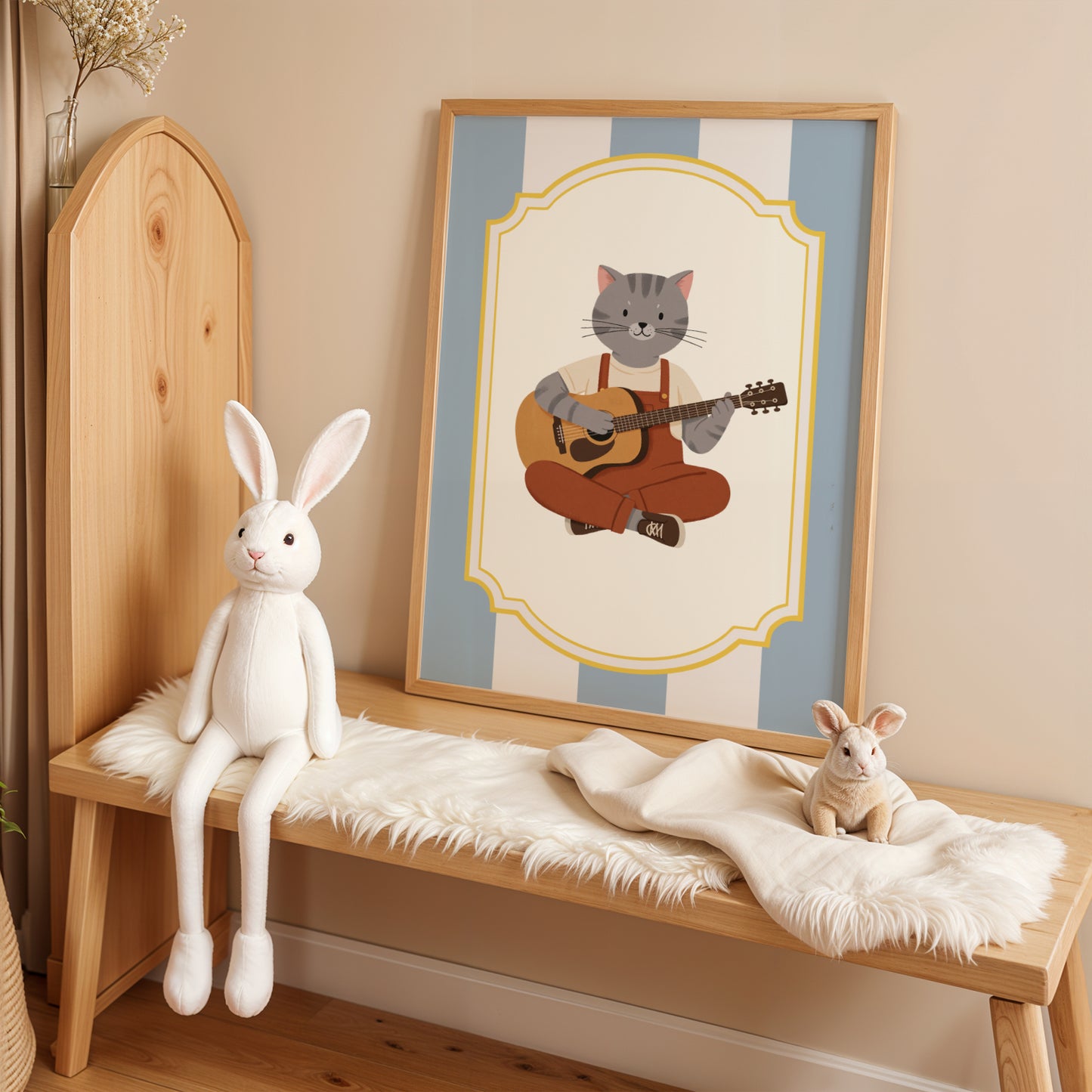 Affiche Chat Guitare Acoustique - Décoration Chambre Enfant Musique Folk, Poster Animaux Coloré, Tableau Bébé, Cadeau Naissance Original