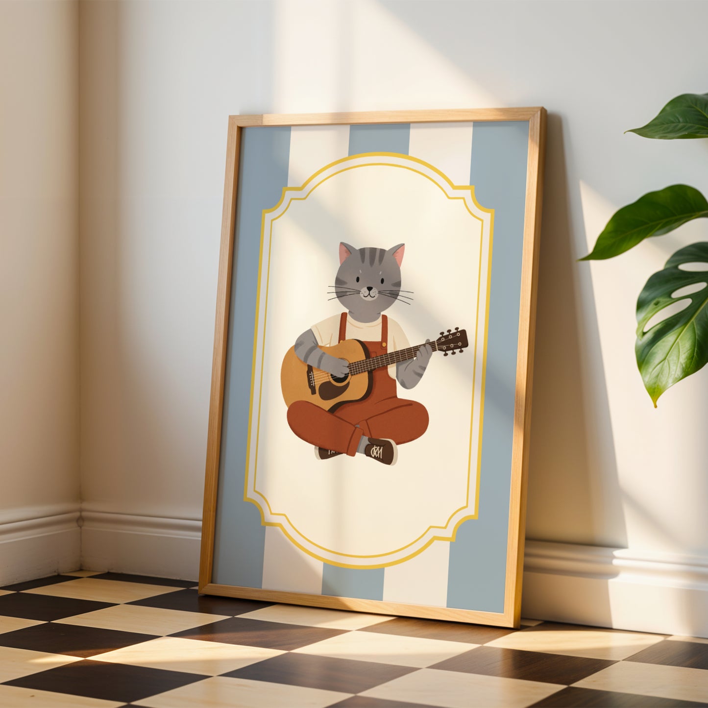 Affiche Chat Guitare Acoustique - Décoration Chambre Enfant Musique Folk, Poster Animaux Coloré, Tableau Bébé, Cadeau Naissance Original