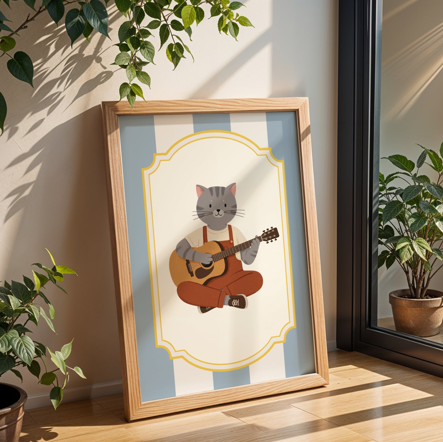 Affiche Chat Guitare Acoustique - Décoration Chambre Enfant Musique Folk, Poster Animaux Coloré, Tableau Bébé, Cadeau Naissance Original