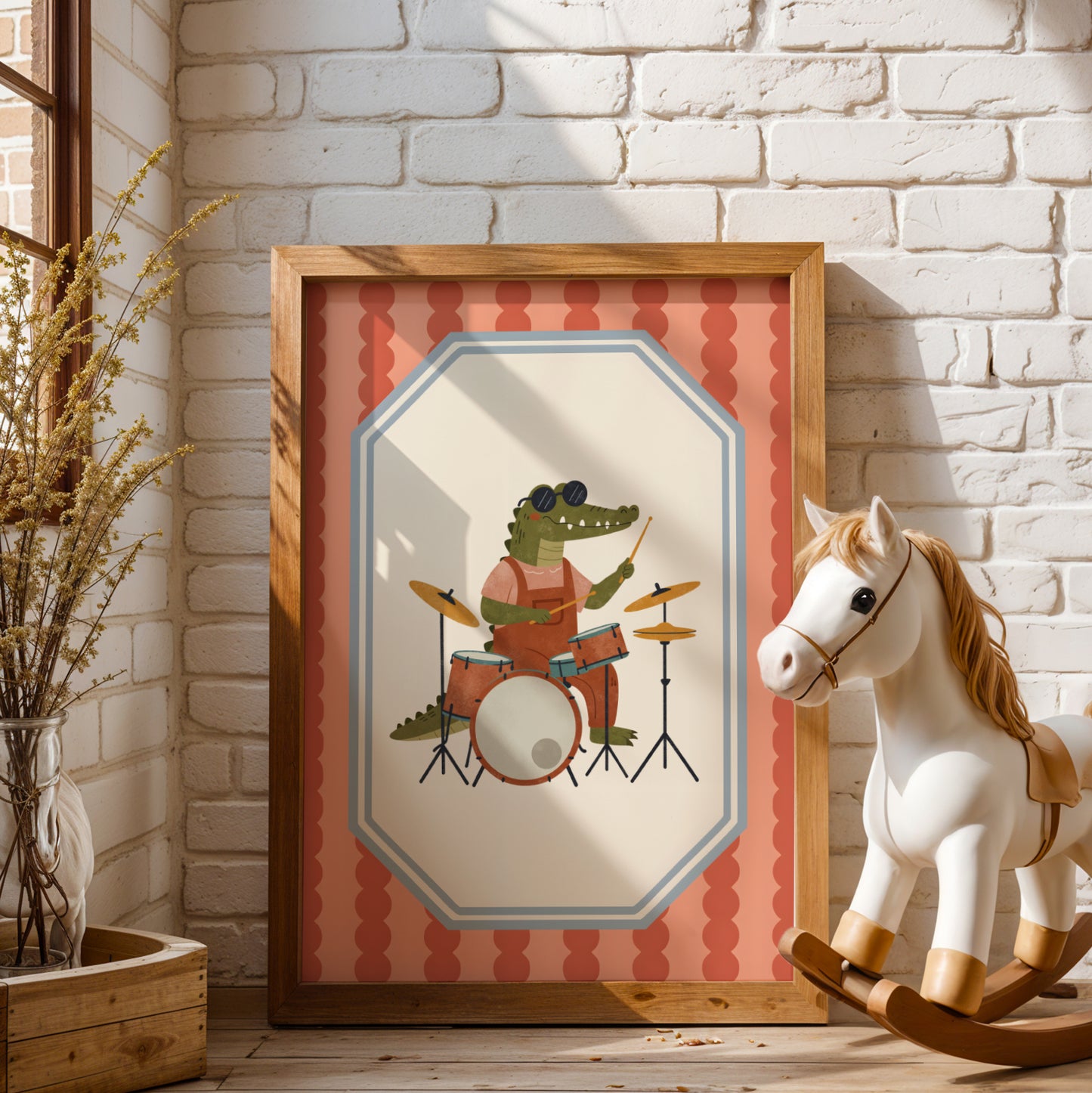 Affiche Croco Batterie - Décoration Chambre Enfant Musique, Poster Animaux Coloré, Tableau Salle de Jeux, Style Dopamine Decor