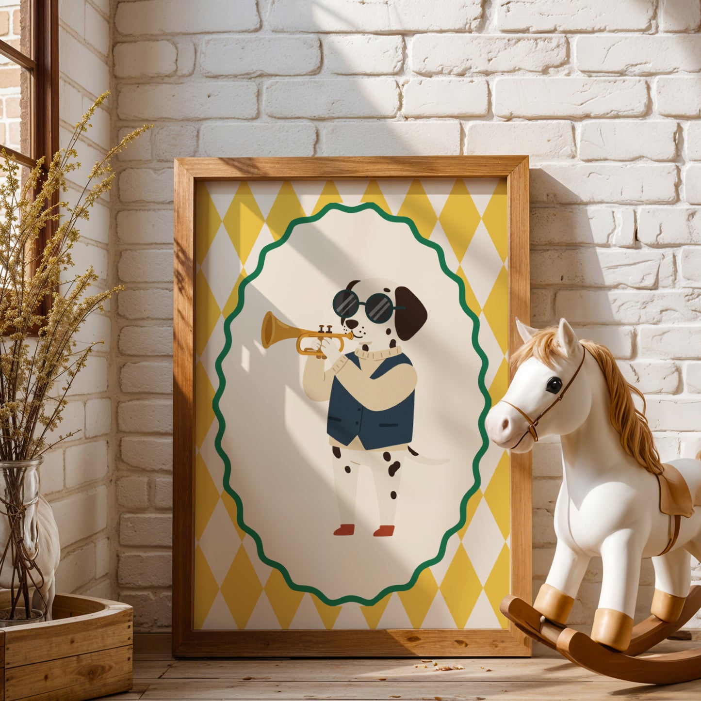 Affiche Dalmatien Trompette - Décoration Chambre Enfant Musique, Poster Animaux Coloré, Tableau Salle de Jeux, Style Dopamine Decor