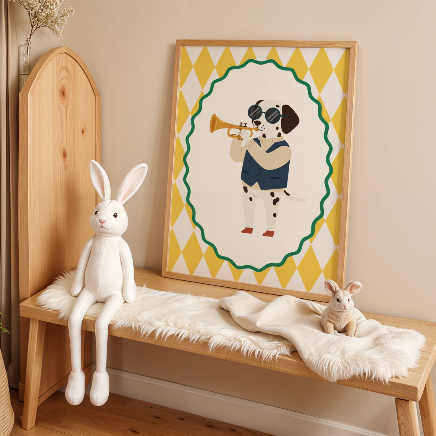Affiche Dalmatien Trompette - Décoration Chambre Enfant Musique, Poster Animaux Coloré, Tableau Salle de Jeux, Style Dopamine Decor