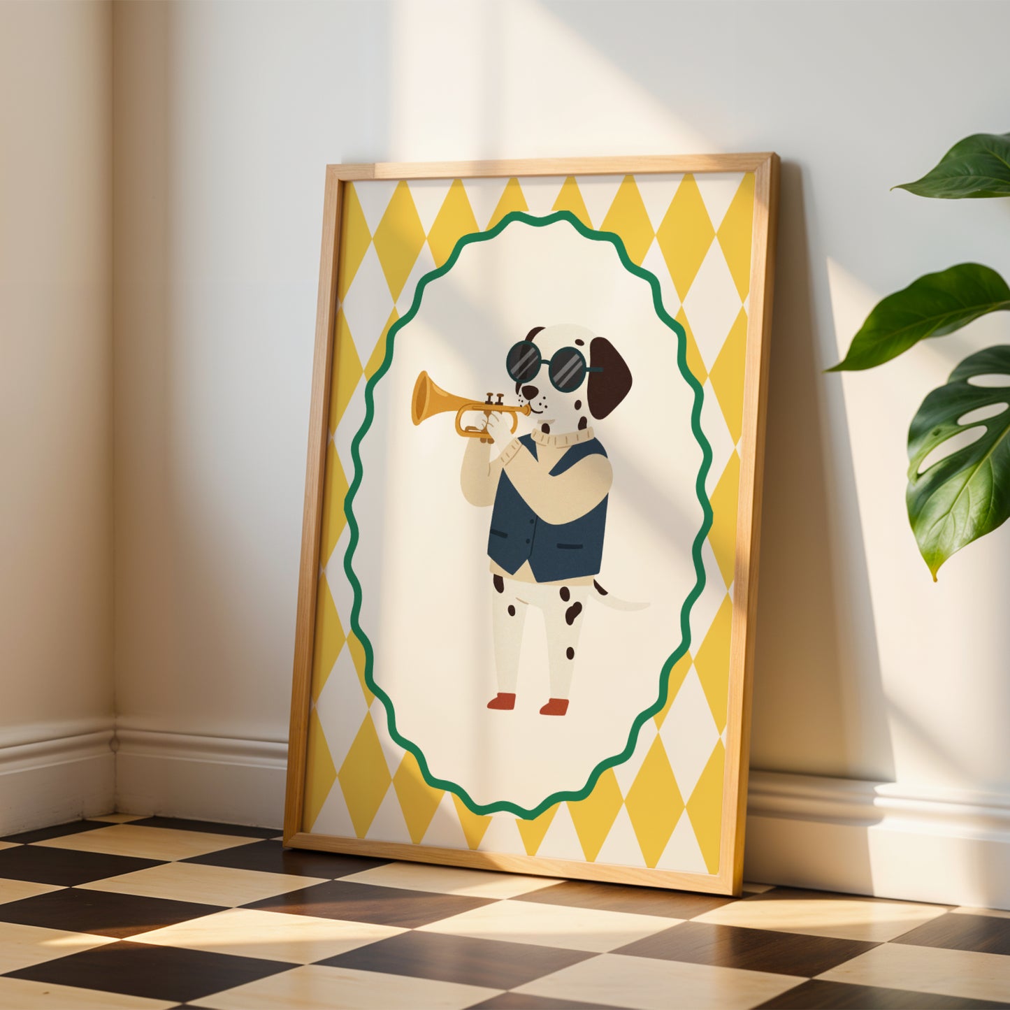 Affiche Dalmatien Trompette - Décoration Chambre Enfant Musique, Poster Animaux Coloré, Tableau Salle de Jeux, Style Dopamine Decor