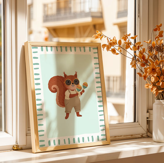 Affiche Écureuil Maracas – Poster Coloré Animaux Musiciens Chambre Enfant Dopamine Decor Cadeau Naissance