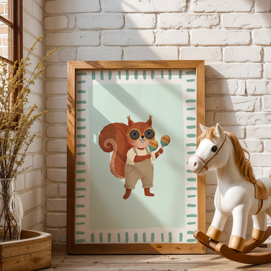 Affiche Écureuil Maracas – Poster Coloré Animaux Musiciens Chambre Enfant Dopamine Decor Cadeau Naissance