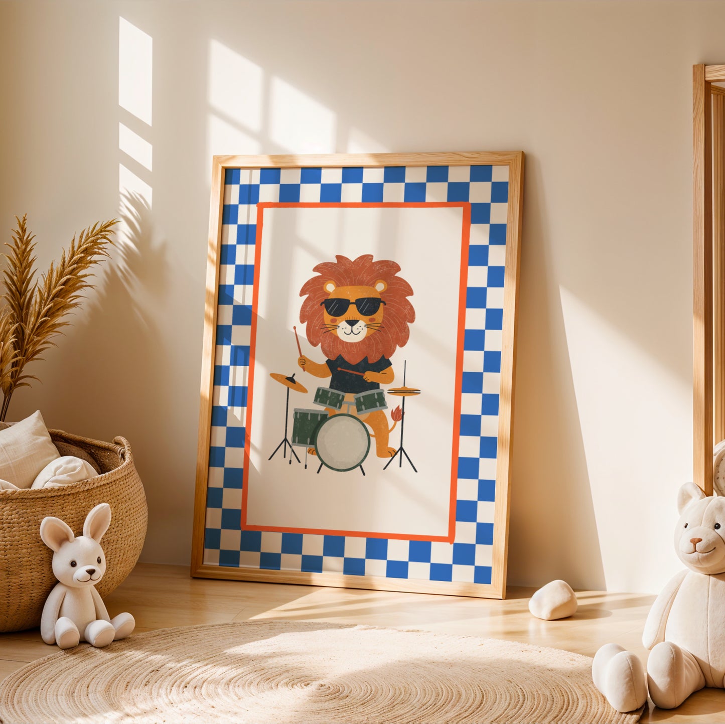 Affiche Lion Batterie - Décoration Chambre Enfant Musique, Poster Animaux Coloré, Tableau Salle de Jeux, Style Dopamine Decor