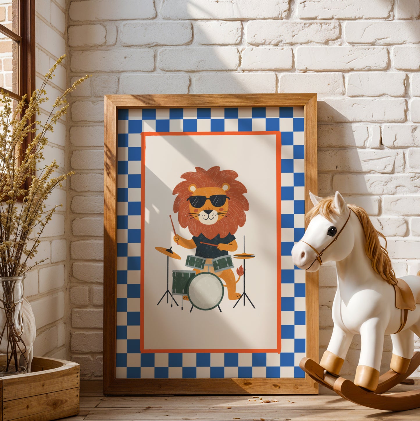 Affiche Lion Batterie - Décoration Chambre Enfant Musique, Poster Animaux Coloré, Tableau Salle de Jeux, Style Dopamine Decor