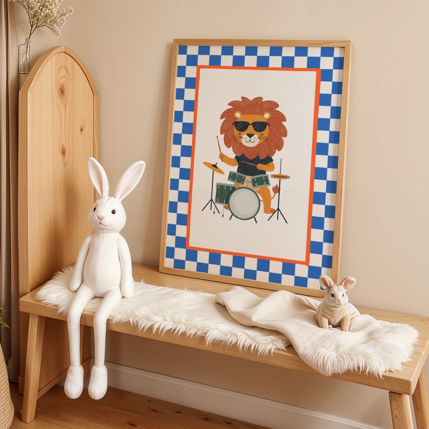 Affiche Lion Batterie - Décoration Chambre Enfant Musique, Poster Animaux Coloré, Tableau Salle de Jeux, Style Dopamine Decor