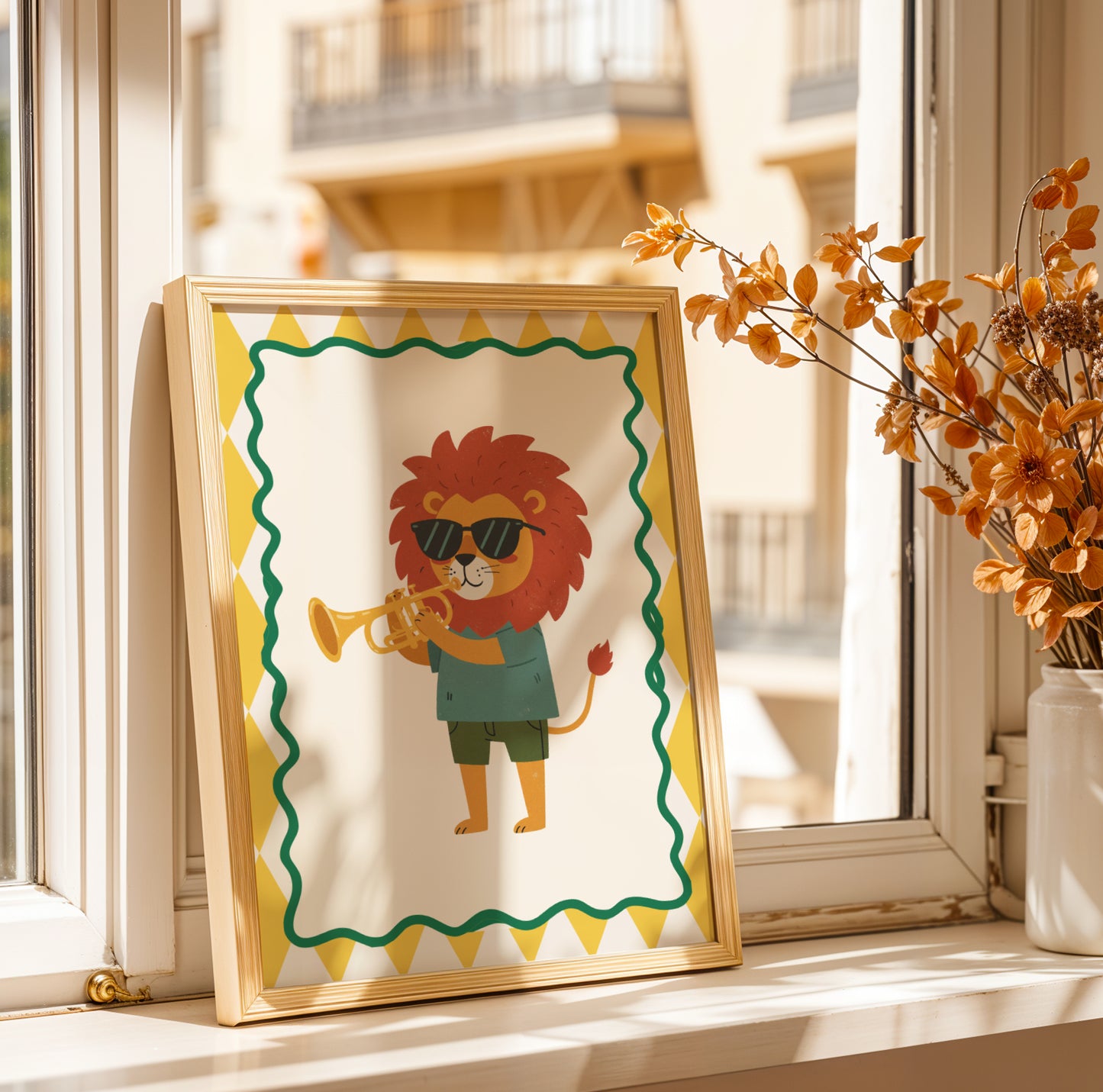 Affiche Lion Trompette - Décoration Chambre Enfant Musique, Poster Animaux Coloré, Tableau Salle de Jeux, Style Dopamine Decor