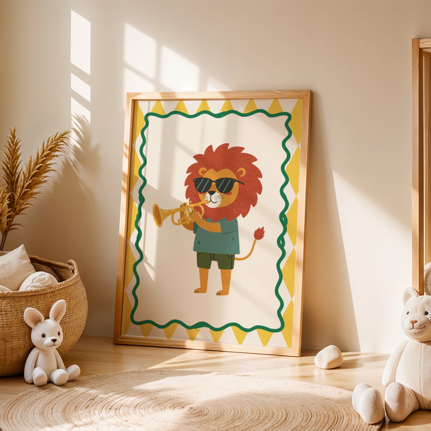 Affiche Lion Trompette - Décoration Chambre Enfant Musique, Poster Animaux Coloré, Tableau Salle de Jeux, Style Dopamine Decor