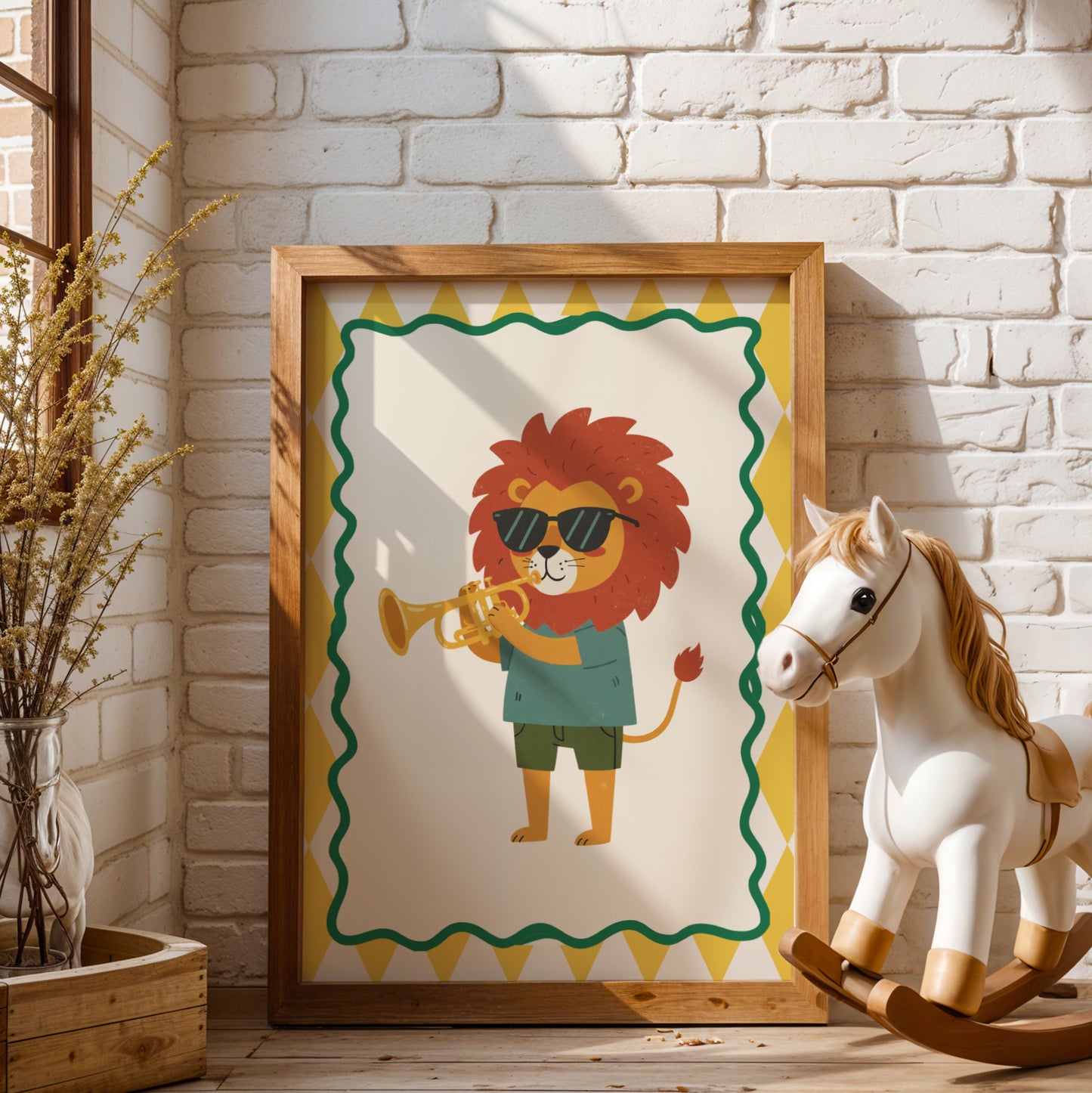 Affiche Lion Trompette - Décoration Chambre Enfant Musique, Poster Animaux Coloré, Tableau Salle de Jeux, Style Dopamine Decor