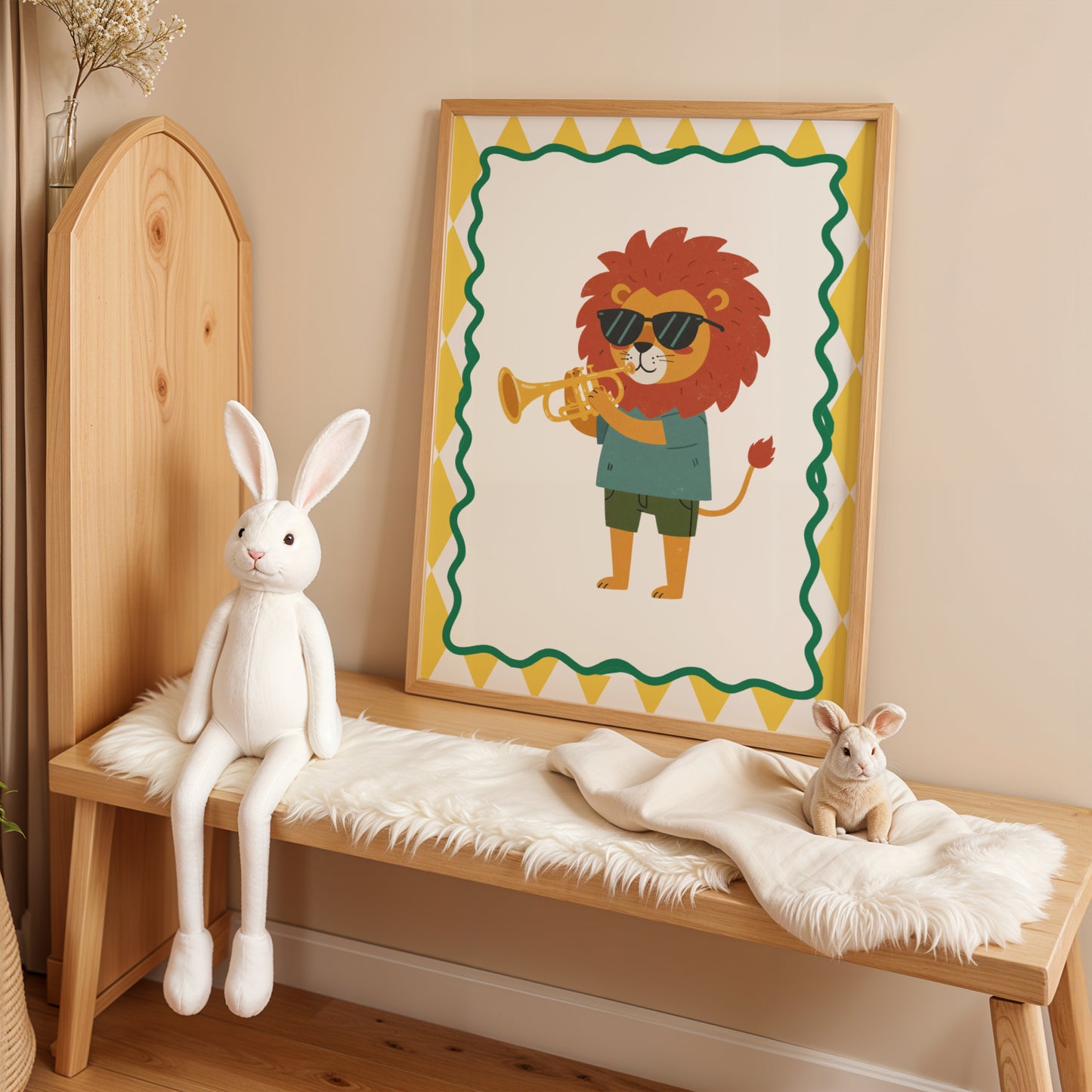Affiche Lion Trompette - Décoration Chambre Enfant Musique, Poster Animaux Coloré, Tableau Salle de Jeux, Style Dopamine Decor