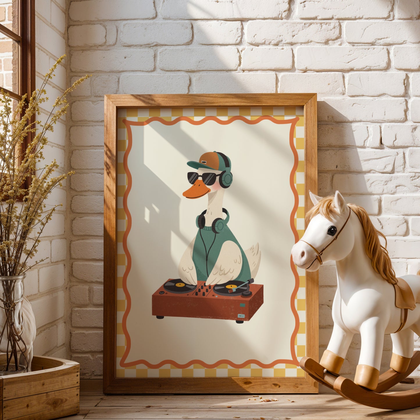 Affiche Oie DJ - Décoration Chambre Enfant Musique, Poster Animaux Coloré, Tableau Bébé Fun, Cadeau Naissance et Anniversaire