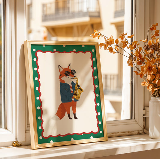 Affiche Renard Saxophone – Poster Coloré Animaux Musiciens Chambre Enfant Dopamine Decor Cadeau Naissance