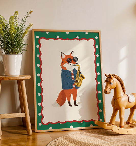 Affiche Renard Saxophone – Poster Coloré Animaux Musiciens Chambre Enfant Dopamine Decor Cadeau Naissance