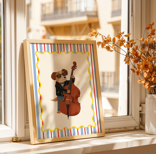 Affiche Chien Contrebasse – Poster Coloré Animaux Musiciens Chambre Enfant Dopamine Decor Cadeau Naissance