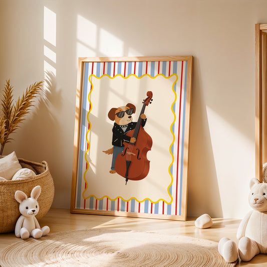 Affiche Chien Contrebasse – Poster Coloré Animaux Musiciens Chambre Enfant Dopamine Decor Cadeau Naissance
