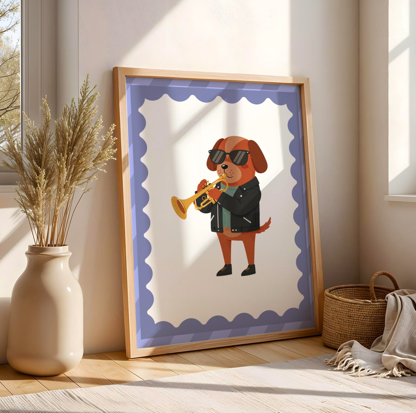 Affiche Chien Trompette - Décoration Chambre Enfant Musique, Poster Animaux Coloré, Tableau Salle de Jeux, Style Dopamine Decor