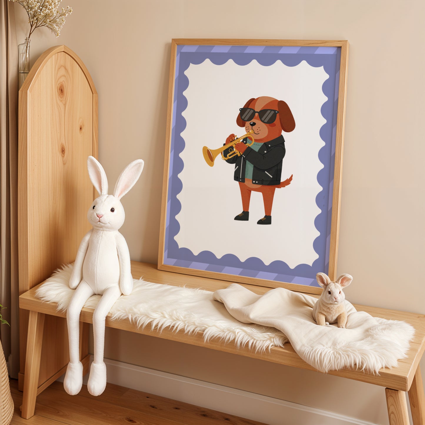 Affiche Chien Trompette - Décoration Chambre Enfant Musique, Poster Animaux Coloré, Tableau Salle de Jeux, Style Dopamine Decor
