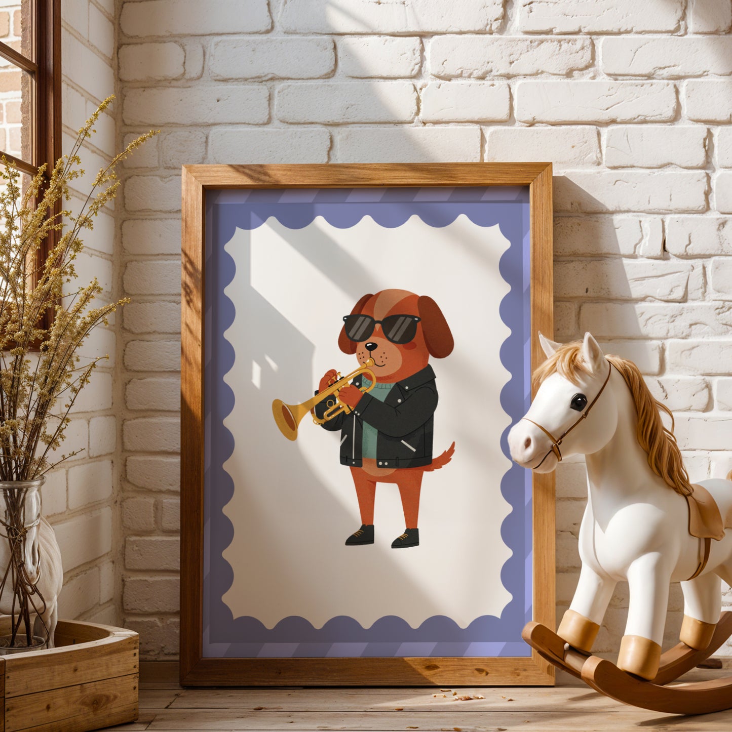 Affiche Chien Trompette - Décoration Chambre Enfant Musique, Poster Animaux Coloré, Tableau Salle de Jeux, Style Dopamine Decor