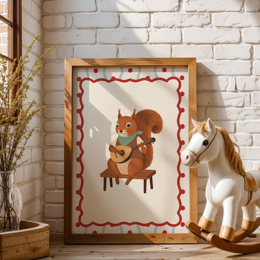 Affiche Écureuil Mandoline – Poster Coloré Animaux Musiciens Chambre Enfant Dopamine Decor Cadeau Naissance