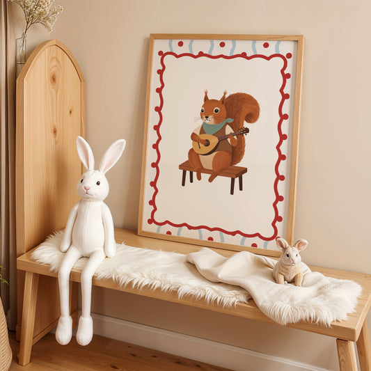 Affiche Écureuil Mandoline – Poster Coloré Animaux Musiciens Chambre Enfant Dopamine Decor Cadeau Naissance