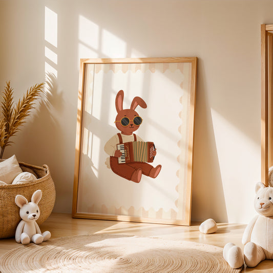 Affiche Lapin Accordéon – Poster Coloré Animaux Musiciens Chambre Enfant Dopamine Decor Cadeau Naissance