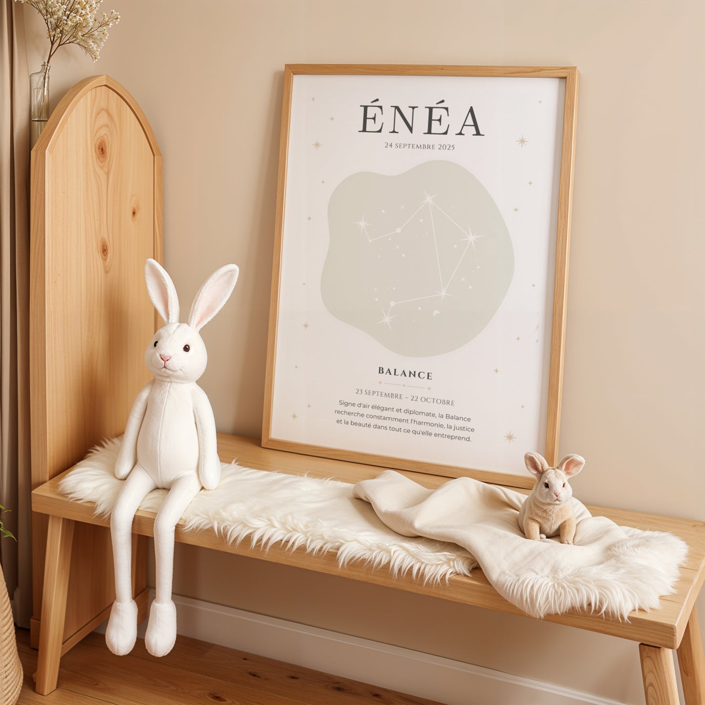 Affiche signe astrologique bébé personnalisée avec prénom, date de naissance et constellation Balance