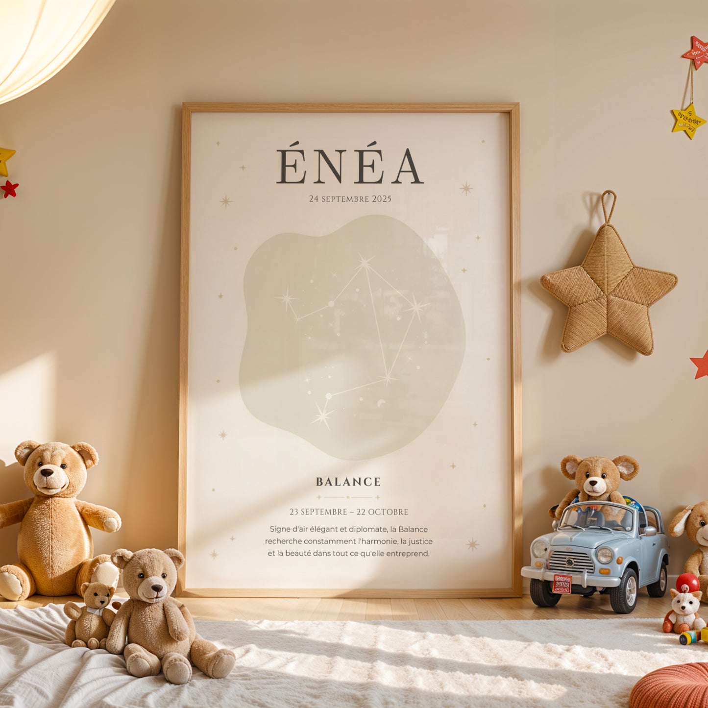Affiche signe astrologique bébé personnalisée avec prénom, date de naissance et constellation Balance