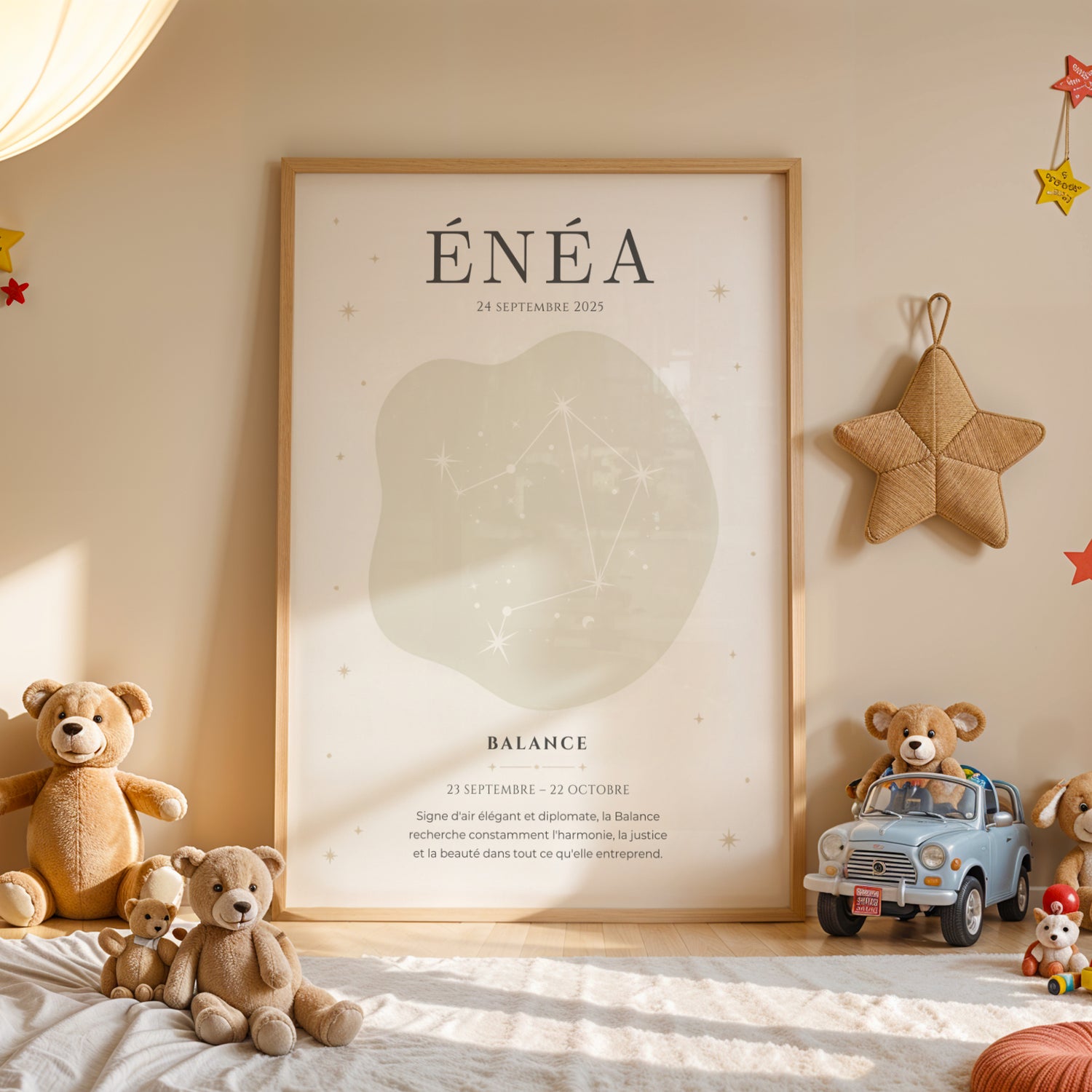 Affiche signe astrologique bébé personnalisée avec prénom, date de naissance et constellation Balance