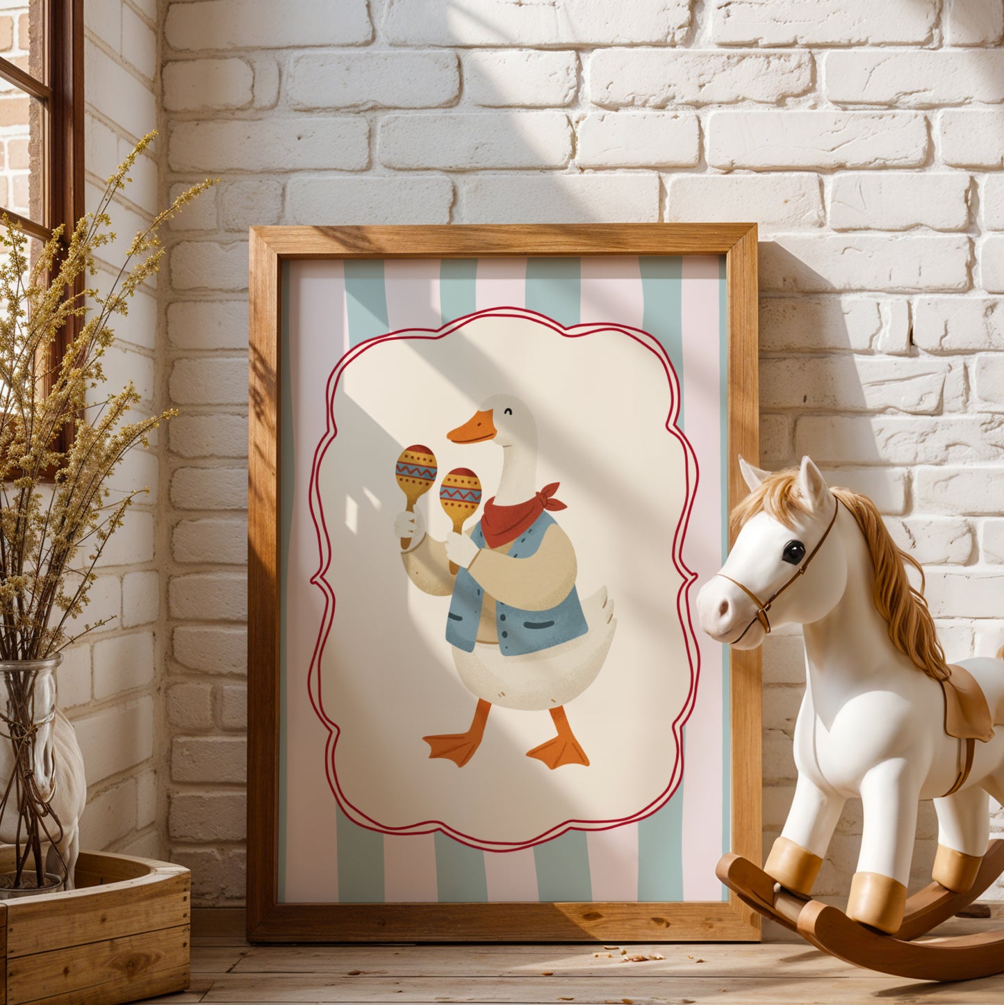 Affiche Oie Maracas - Décoration Chambre Enfant Musique, Poster Animaux Coloré, Tableau Bébé Original, Cadeau Naissance et Anniversaire