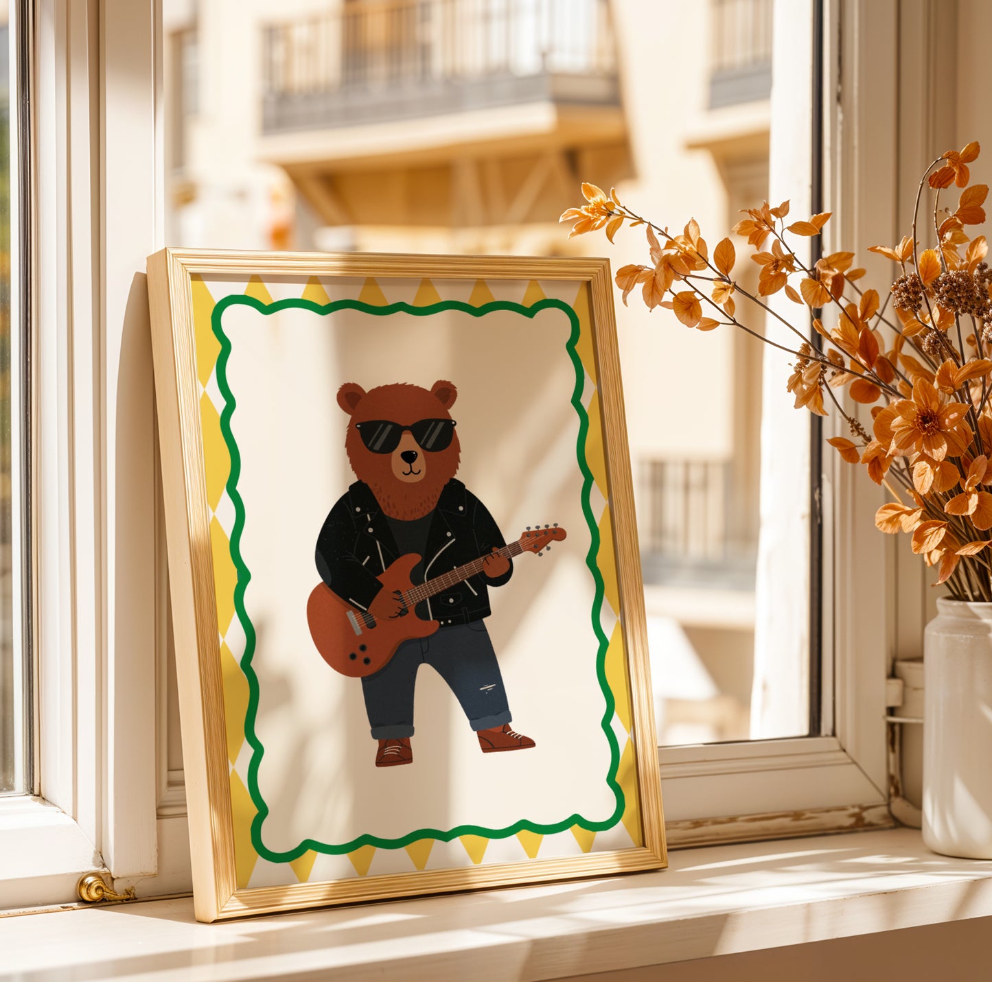 Affiche Ours Guitare - Décoration Chambre Enfant Musique, Poster Animaux Coloré, Tableau Salle de Jeux, Style Dopamine Decor