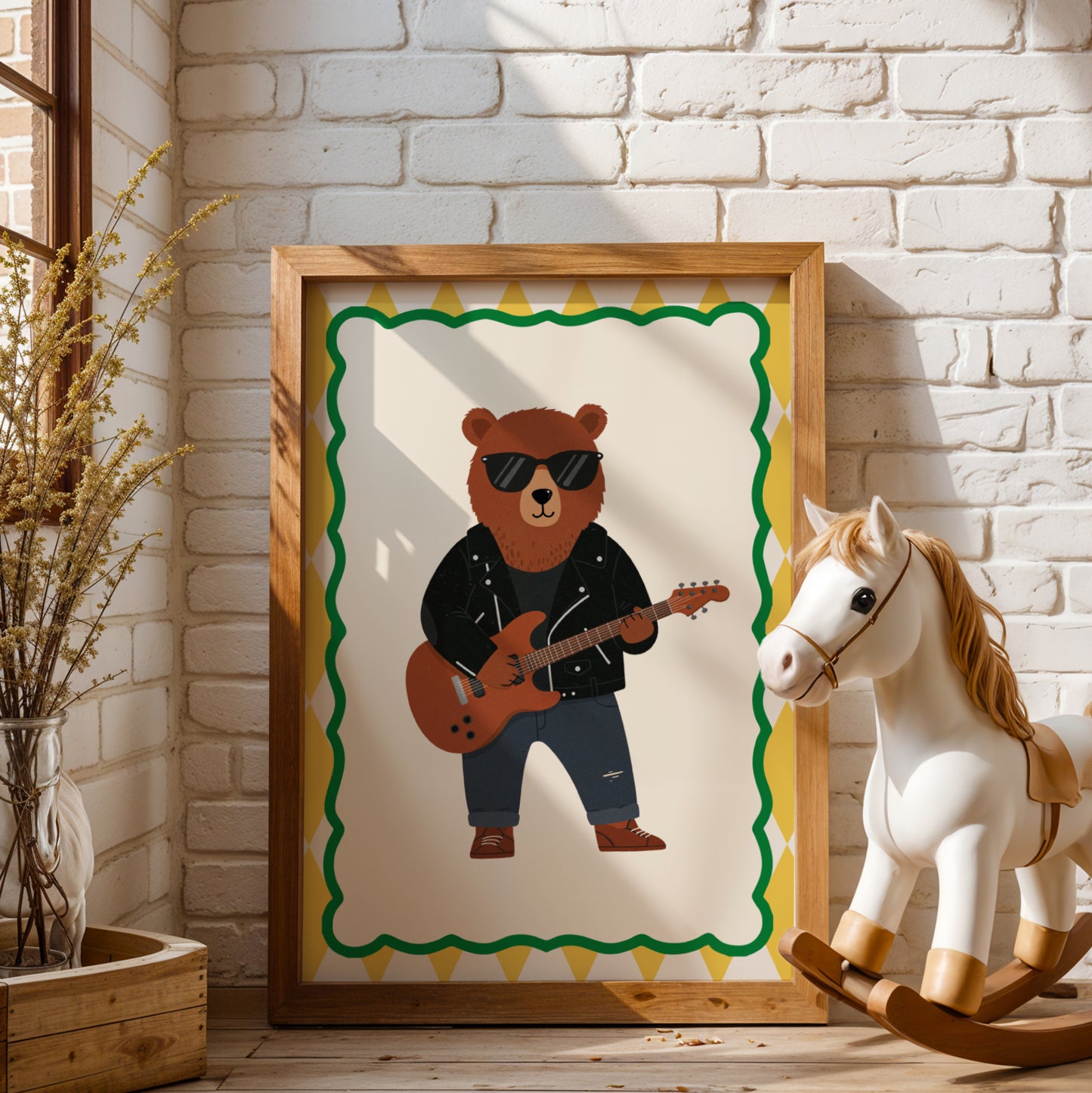 Affiche Ours Guitare - Décoration Chambre Enfant Musique, Poster Animaux Coloré, Tableau Salle de Jeux, Style Dopamine Decor