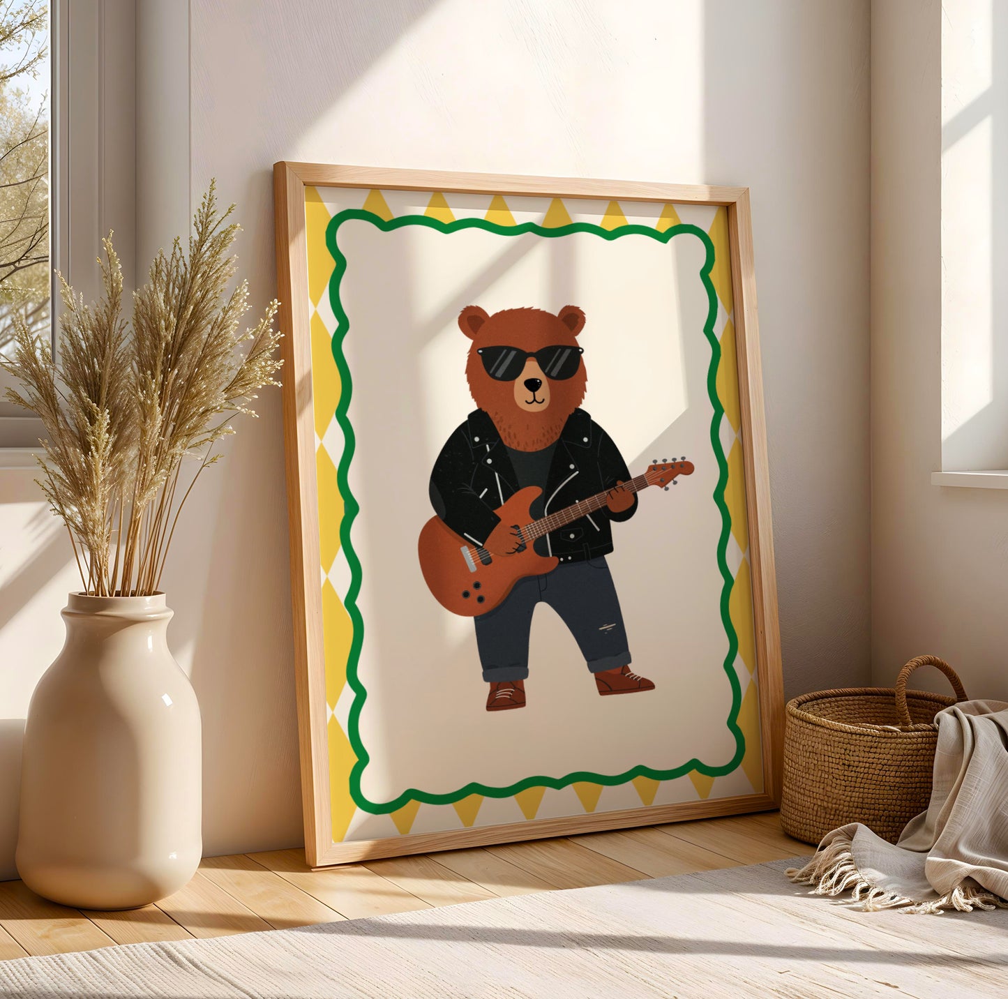 Affiche Ours Guitare - Décoration Chambre Enfant Musique, Poster Animaux Coloré, Tableau Salle de Jeux, Style Dopamine Decor