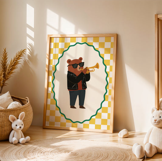 Affiche Ours Trompette – Poster Coloré Animaux Musiciens Chambre Enfant Dopamine Decor Cadeau Naissance