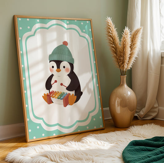 Affiche Pingouin Xylophone – Poster Coloré Animaux Musiciens Chambre Enfant Dopamine Decor Cadeau Naissance