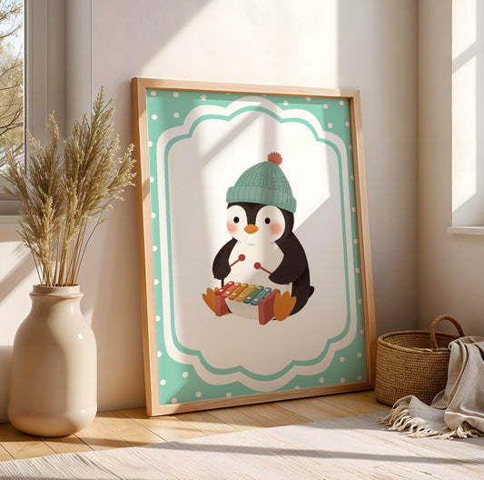 Affiche Pingouin Xylophone – Poster Coloré Animaux Musiciens Chambre Enfant Dopamine Decor Cadeau Naissance