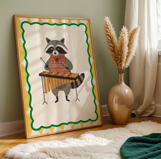 Affiche Raton Laveur Xylophone – Poster Coloré Animaux Musiciens Chambre Enfant Dopamine Decor Cadeau Naissance