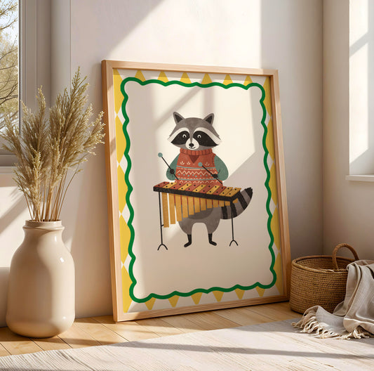 Affiche Raton Laveur Xylophone – Poster Coloré Animaux Musiciens Chambre Enfant Dopamine Decor Cadeau Naissance