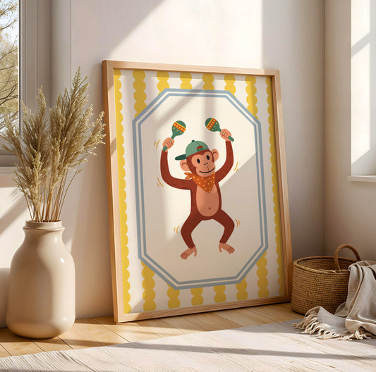 Affiche Singe Maracas – Poster Coloré Animaux Musiciens Chambre Enfant Dopamine Decor Cadeau Naissance