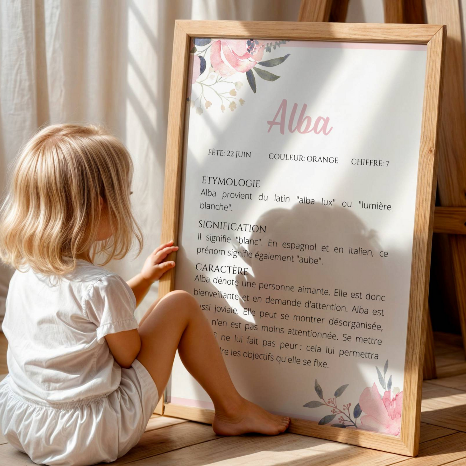 poster prénom bébé fille étymologie définition fleurs rose cadeau naissance personnalisé