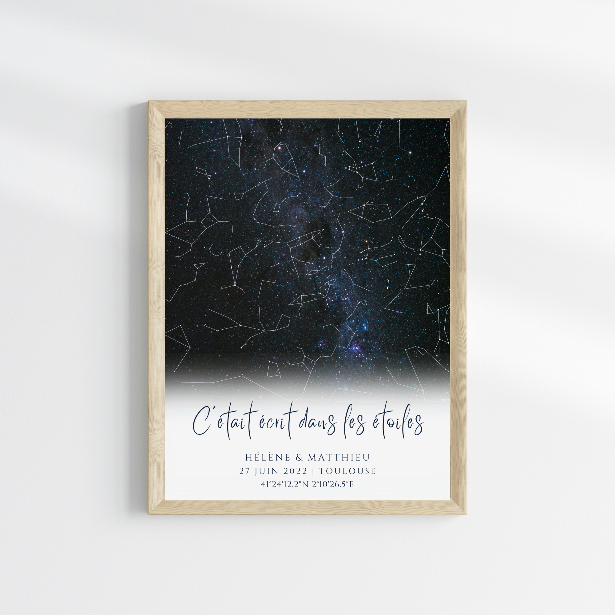 Affiche carte du ciel personnalisée fond bleu nuit pour couple