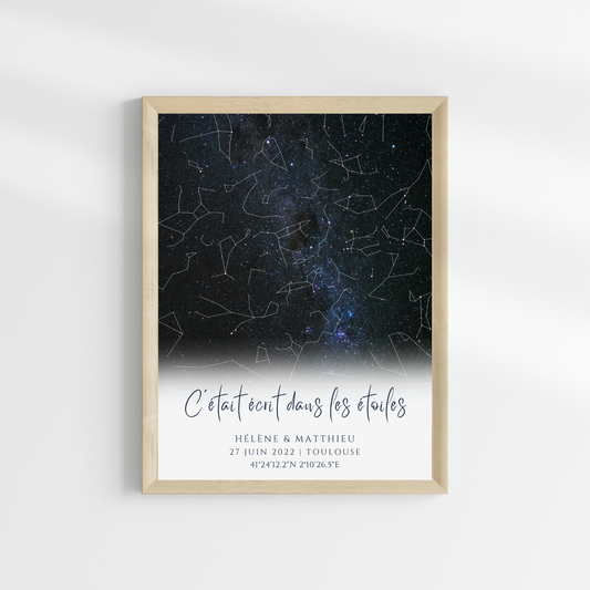 Affiche carte des étoiles personnalisée bleue - cadeau constellation pour couple